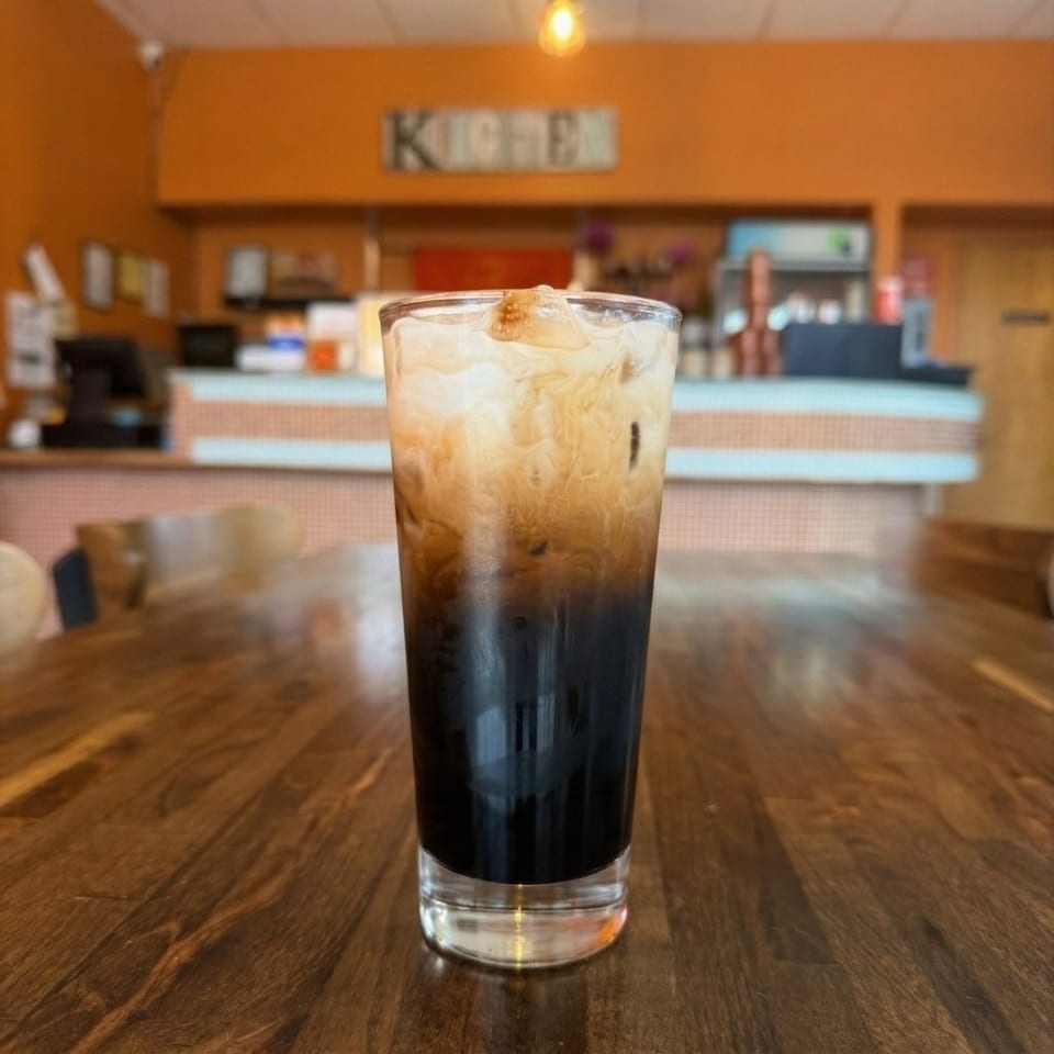 Iced coffee with cream on a wooden table, with a restaurant counter in the background.