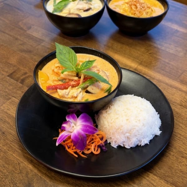 Red curry with chicken, vegetables, basil, and rice, garnished with an orchid.