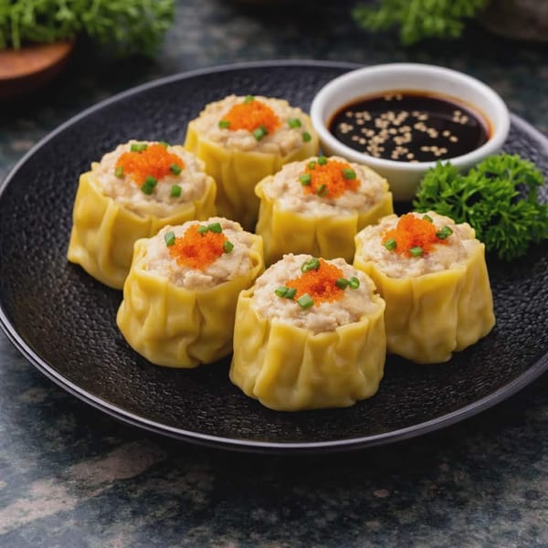 Six steamed shumai dumplings with orange roe and chives, with soy sauce and parsley.